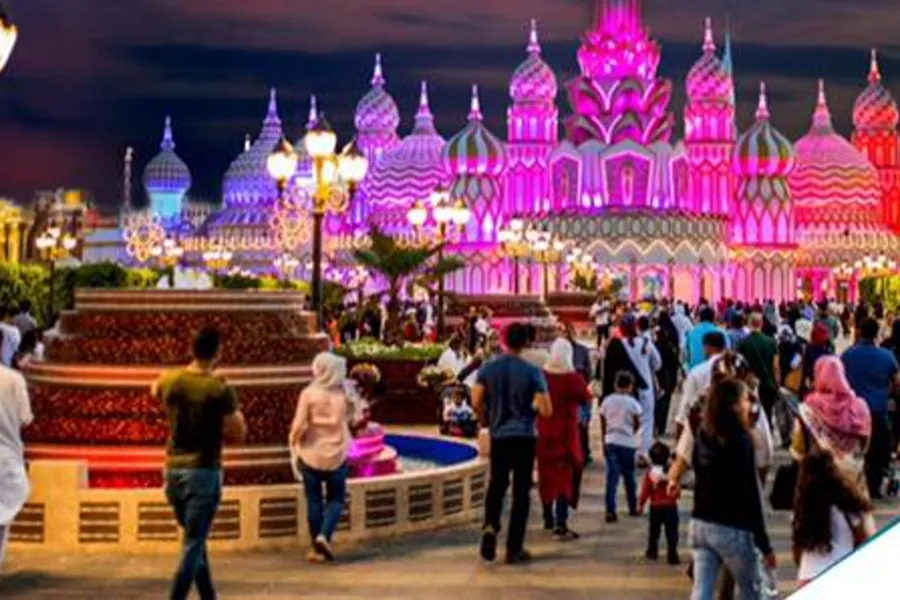 Illuminated Global Village pavilions in Dubai